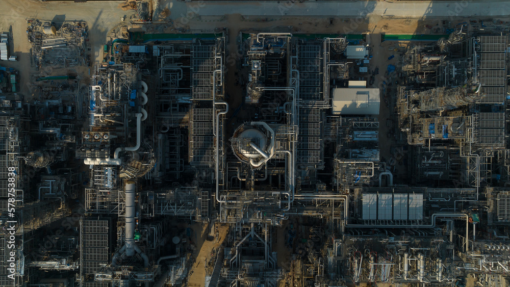 Mega project area, industrail plant construction large crude oil refinery, aerial view,