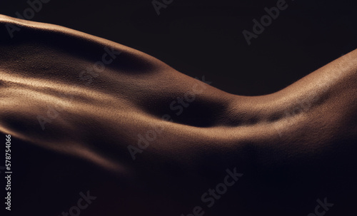 Naked back skin, silhouette and dark aesthetic with health, shadow and creative erotic by black background. Nude skincare, cosmetics and anatomy with wellness, glow and art deco with sexy creativity