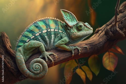 Chamelon, green, on a tree branch; veiled chameleon, up close. Generative AI