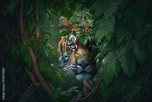 a tiger hiding in the leaves of a tree in the jungle, looking out from behind a branch with a green leaf on it's head, generative AI © Kien