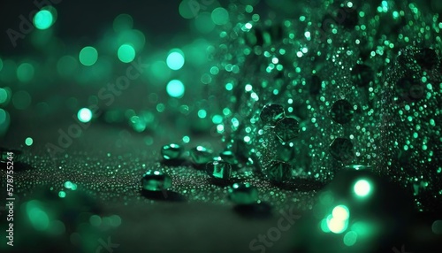  a bunch of shiny green balls on a table top with a black background and a green light in the middle of the image with a blurry background.  generative ai