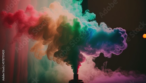  a smokestack with colored smoke coming out of it's top and bottom of it's smokestacks in front of a window. generative ai