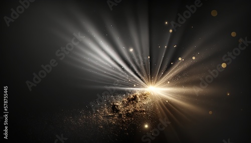  a bright light shines brightly in the dark sky with a star burst in the middle of the image and a black background with gold dots. generative ai