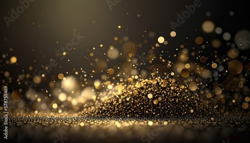  a blurry image of a gold glitter dusted surface with a black background and a gold glitter dusted surface in the foreground.  generative ai