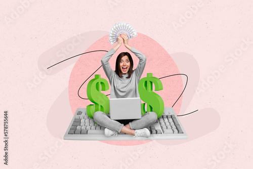 Creative illustration collage picture image of joyful positive lady rejoice first salary isolated on painting background