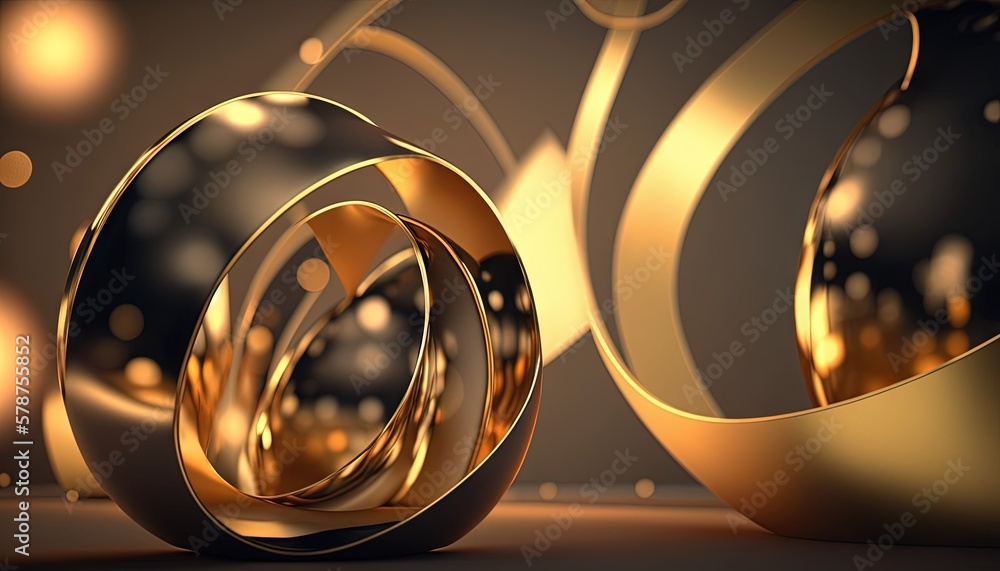  a gold and black object with a black background and gold circles and dots on the ground, with a black background and gold circles on the floor.  generative ai