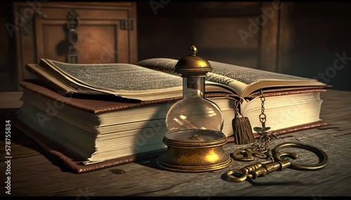  an hourglass, book, and key are on a table with an open book and a keychain on top of it,. generative ai