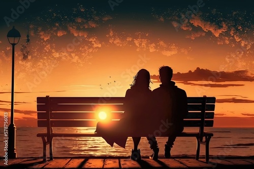  a couple sitting on a bench watching the sun go down over the ocean at sunset or sunset time with the silhouette of a couple sitting on a bench. generative ai