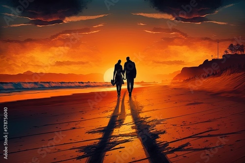  a couple of people walking down a beach under a cloudy sky with the sun setting behind them and a person holding a surfboard in the foreground. generative ai