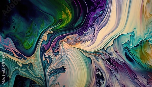  an abstract painting with multicolored paint streaks and swirls on a black background with white, blue, yellow, and green colors. generative ai