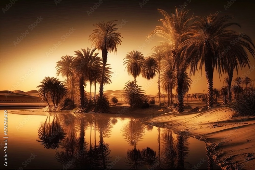 beach with palm trees, oasis in the desert, palm trees at sunset, palm trees on the shore,. Generative AI