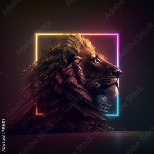 Roaring Lion on Vibrant Neon Background. Generative AI