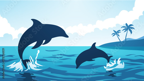 Two dolphins swimming in a tranquil ocean