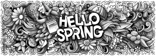 Hello Spring hand drawn cartoon doodles illustration. Colorful vector banner