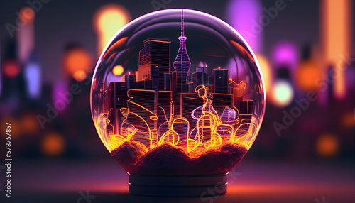 Miniature Neon City in a Snow Globe - Digital Art