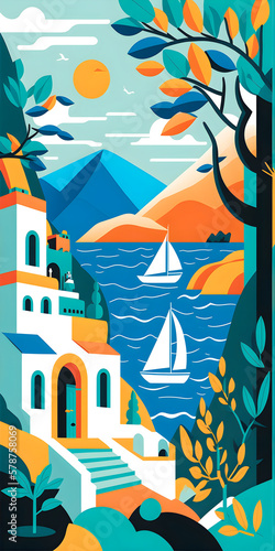 Greece landscape, flat design illustration, traditional, traditional Greek colors, Generative AI © PixelPusher