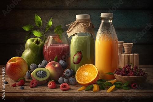 On a wooden table, there are bottles of fruit juice and smoothie and a variety of fresh fruits. Generative AI