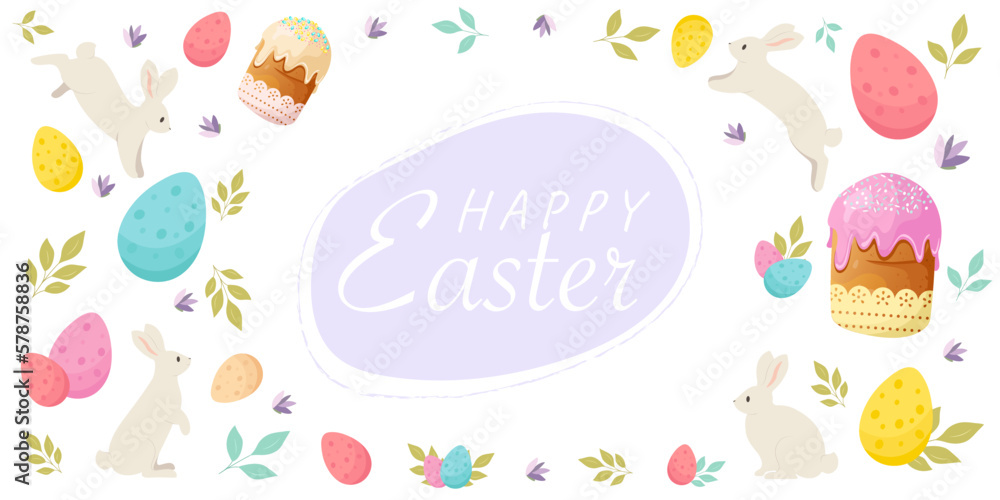 Easter banner with easter cakes, painted eggs, rabbits, lavender isolated on white background. Easter banner with easter cakes, painted eggs, rabbits, lavender isolated on white background.