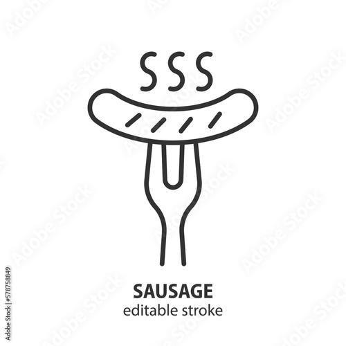 Fork with sausage line icon. Oktoberfest food vector symbol. Editable stroke.