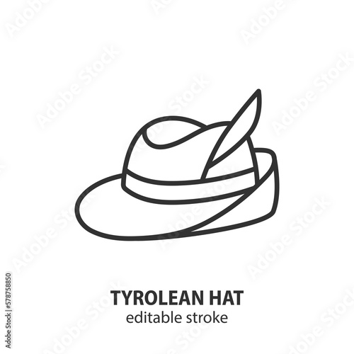 Tyrolean hat line icon. Hunter hat with feather vector symbol. German traditional accessory. Editable stroke.