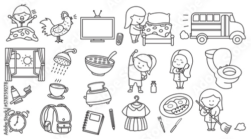 Hand drawn kids drawing set of The daily routine of cute girl going to school on a white background Isolated vector icon in doodle style
