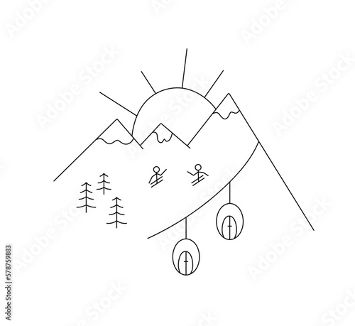 Vector isolated ski resort in mountains stick figure drawing colorless black and white contour line easy drawing