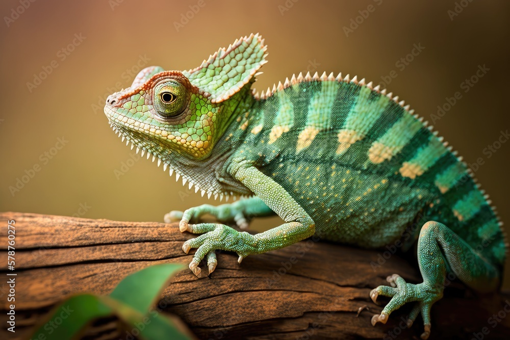 Image of a slender, scaly, chameleon like reptile in its natural greenish. Generative AI Image of a slender, scaly, chameleon like reptile in its natural greenish. Generative AI