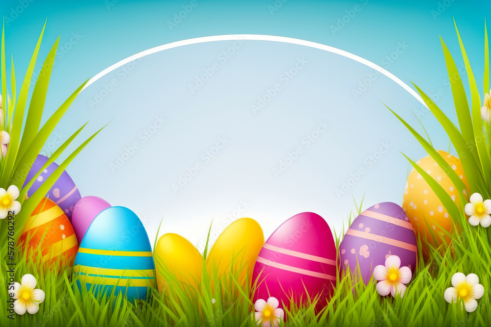 Colorful Easter eggs background. 3d Easter banner. Concept of Easter egg hunt or egg decorating art. Generative AI