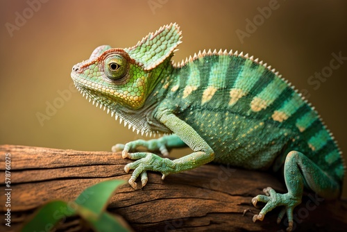 Image of a slender, scaly, chameleon like reptile in its natural greenish. Generative AI