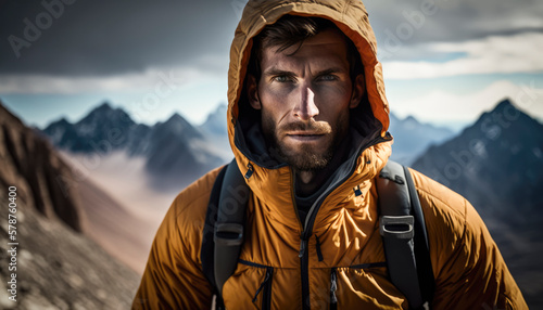 Hiker bundled in warm clothing and backpacks trudge through a snowy mountain trail, their faces and hair whipped by strong gusts of icy wind