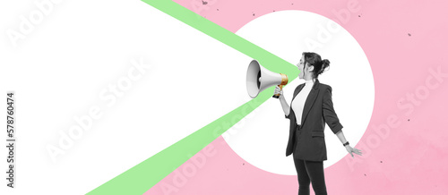 Art collage. A woman with a megaphone. Promotion, action, ad, job questions, discussion with isolated PNG area. Business concept, communication, information, news, team media relations.