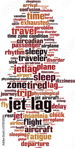 Jet lag word cloud concept. Collage made of words about jet lag. Vector illustration