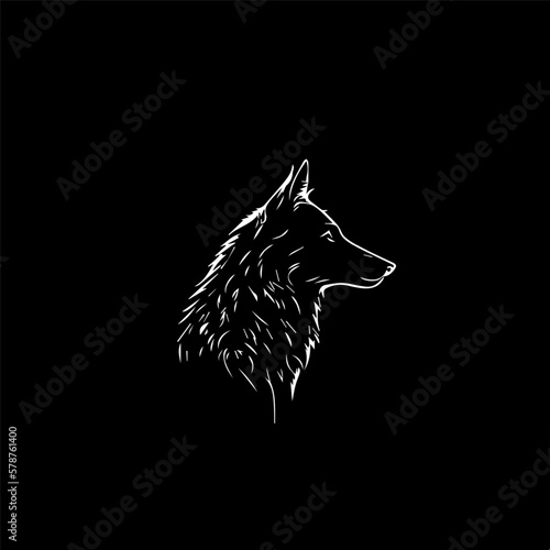 Minimalistic logo template, white icon of wolf silhouette on black background, modern logotype concept for business identity, t-shirts print, infographic pictogram Vector illustration