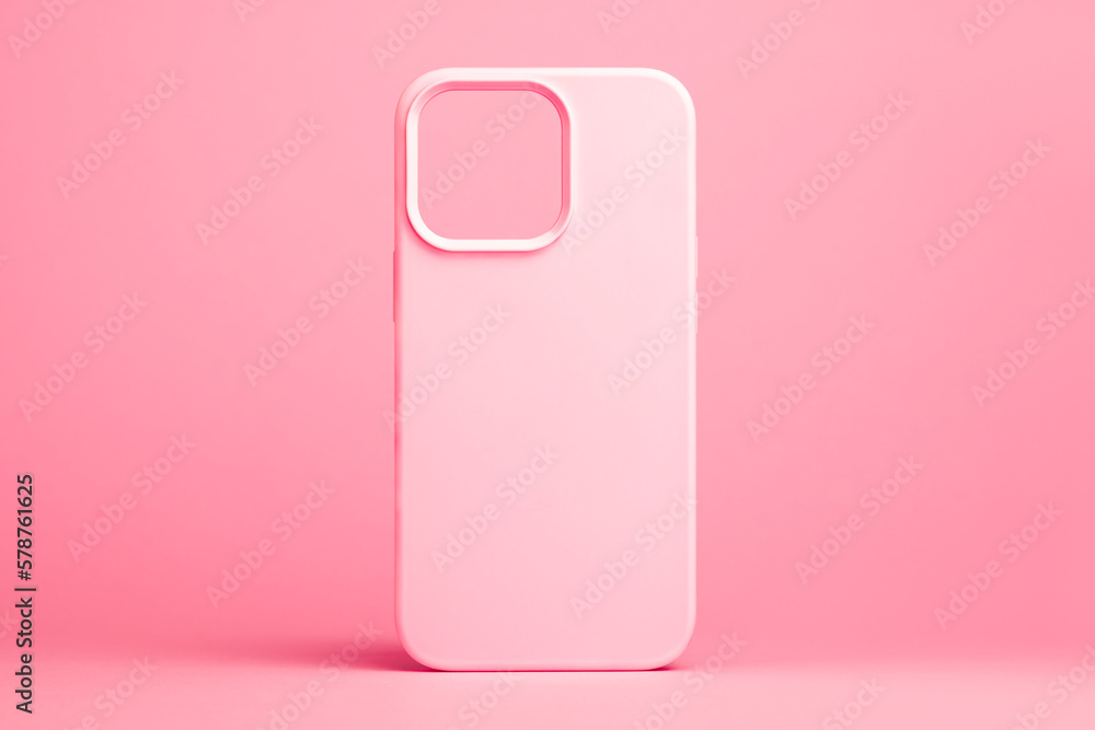 pink case for iPhone 14 and 13 Pro max isolated on pink background, phone cover mock up in monochrome colours pink case for iPhone 14 and 13 Pro max isolated on pink background, phone cover mock up in monochrome colours