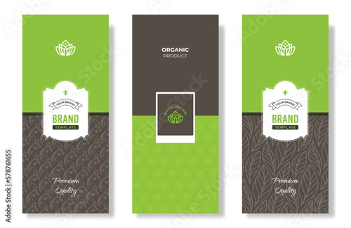 Label pattern for spice food packaging, cosmetics, beauty products, organic food and healthy food with leaves and flowers, dry fruit packaging, green label packaging design template illustration