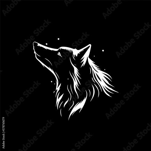 Minimalistic logo template, white icon of wolf silhouette on black background, modern logotype concept for business identity, t-shirts print, infographic pictogram Vector illustration