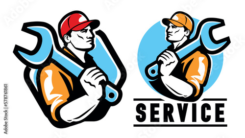 Construction worker, engineer emblem. Builder with wrench, workshop logo. Vector illustration
