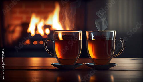 Two cups of steaming hot tea in front of fireplace. The concept of home warmth and comfort. Created with Generative AI technology