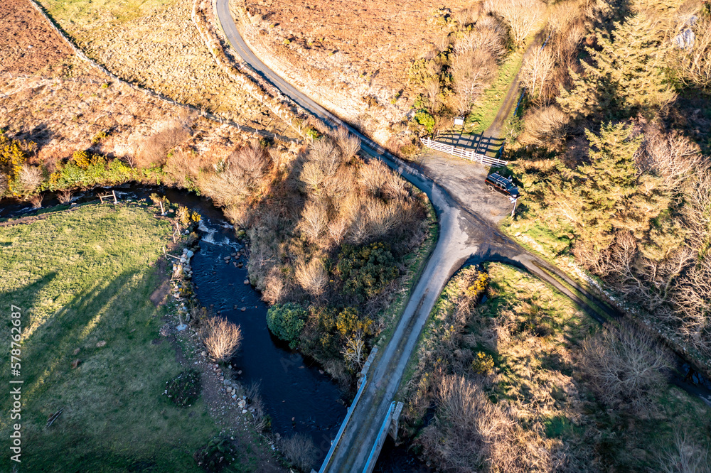 Aerial view of the Burtonport Railway Walk Trailhead at FIddlers Bridge by Falcarragh in County Donegal, Republic of Ireland