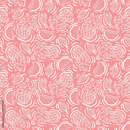 White pineapple on pink background seamless pattern