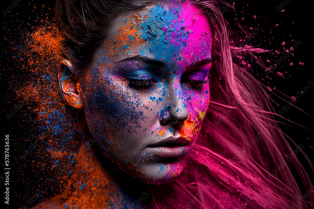 Close-up of woman's face with multicolored holi festive powder. Generative AI.