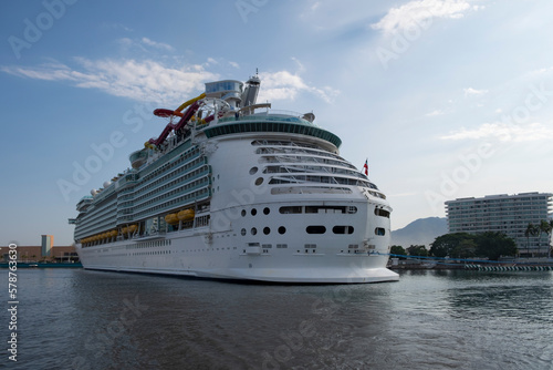 Large cruise ship moored at Puerto Magico port in Puerto Vallarta Mexico. Vacation, travel, holidays concept.