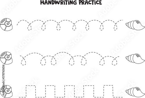 Tracing lines for kids. Cute seashells. Writing practice.