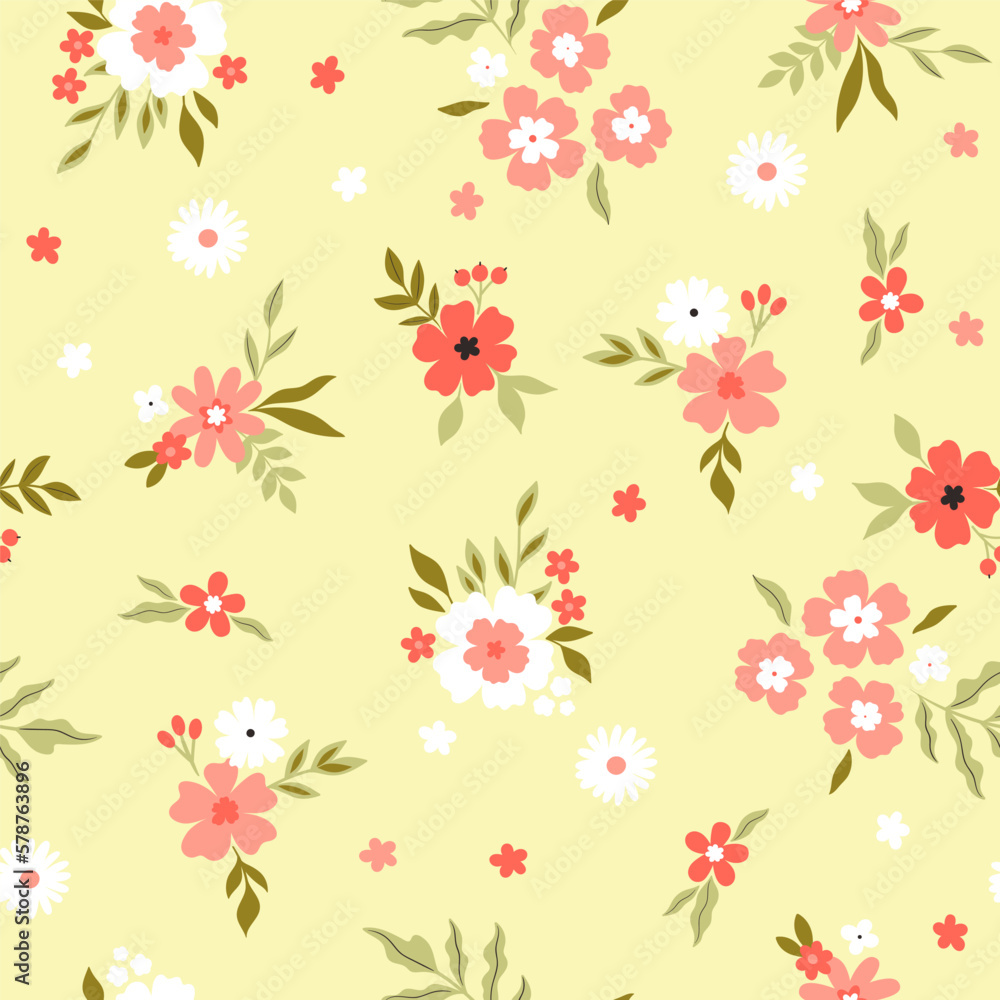 Spring seamless pattern with flowers, leaves and berries. Vector graphics. Spring seamless pattern with flowers, leaves and berries. Vector graphics.