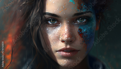 Close-up of woman s face with multicolored holi festive powder. Generative AI.