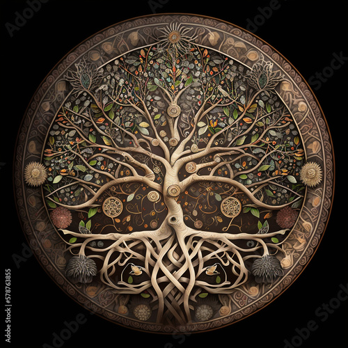 Tree Mandala illustation art, high detailed circle mandala of a sacred tree with deep roots on a black background.