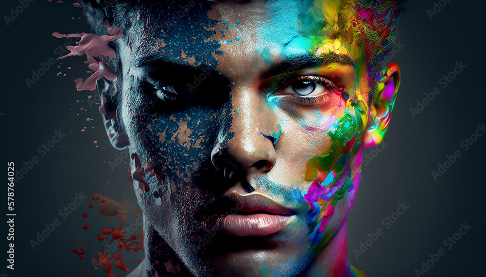 Close-up Of Man With Multi Colored Face Paint on dark background, generative ai