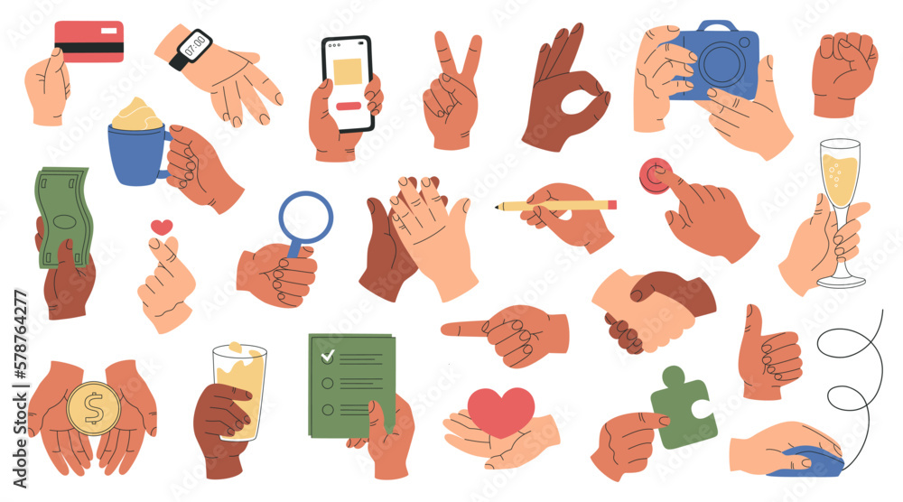 Set of human hands with different stuff, clock, phone, credit card, coin, camera, magnifier, wine glass, and various gestures. Vector illustration isolated on white background. Flat cartoon style Set of human hands with different stuff, clock, phone, credit card, coin, camera, magnifier, wine glass, and various gestures. Vector illustration isolated on white background. Flat cartoon style