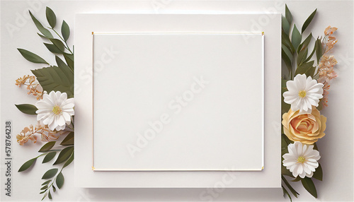 blank white paper invitation message with frame flower, Generate AI
