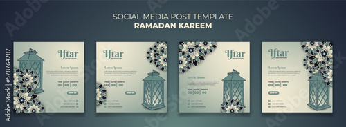 Social media post template for ramadan kareem with lantern and ornamental background